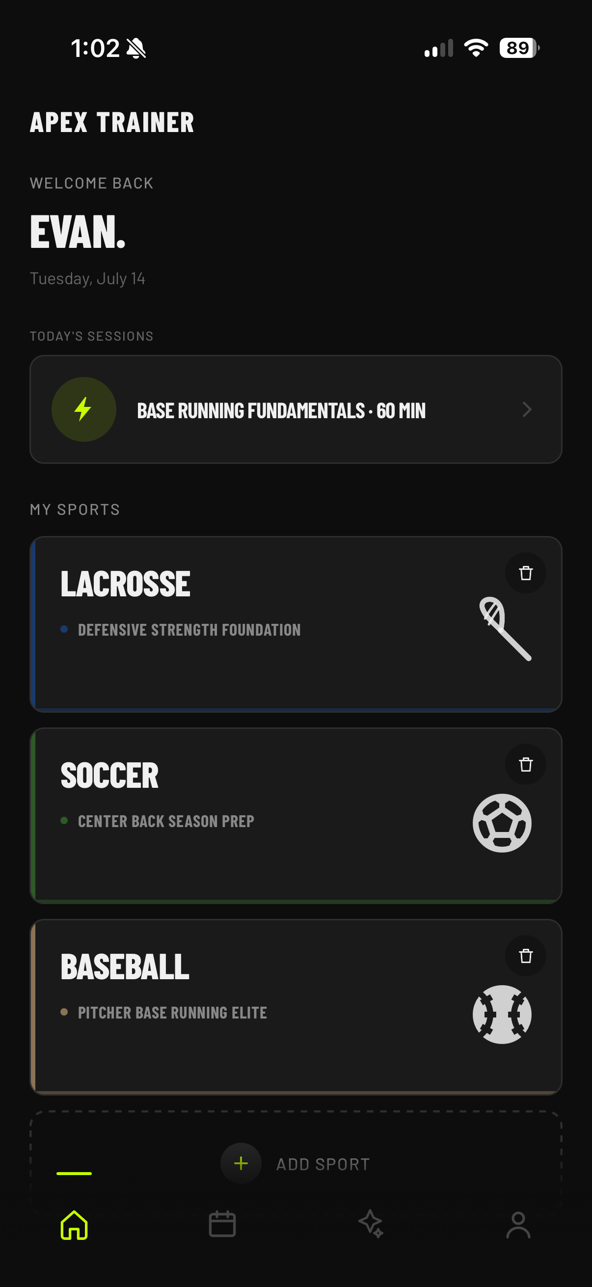 Apex Trainer app home screen